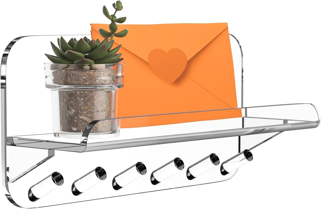 Clear Acrylic Wall-Mounted Key Holder with Shelf – Modern Entryway Key Rack & Mail Organizer with 6 Hooks for Home, Office, Hallway, Kitchen & Living Room Décor (Clear)